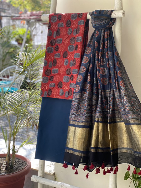 MAROON-INDIGO COTTON CHANDERI DUPATTA SET