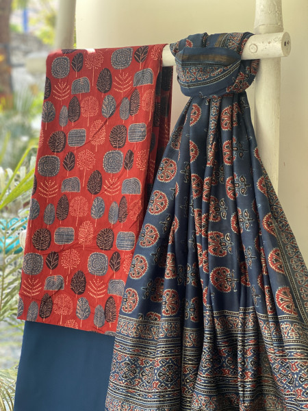 MAROON-INDIGO COTTON CHANDERI DUPATTA SET