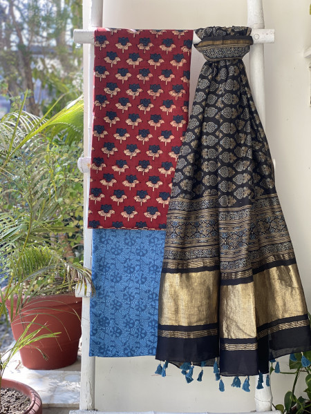MAROON-BLACK COTTON CHANDERI DUPATTA SET