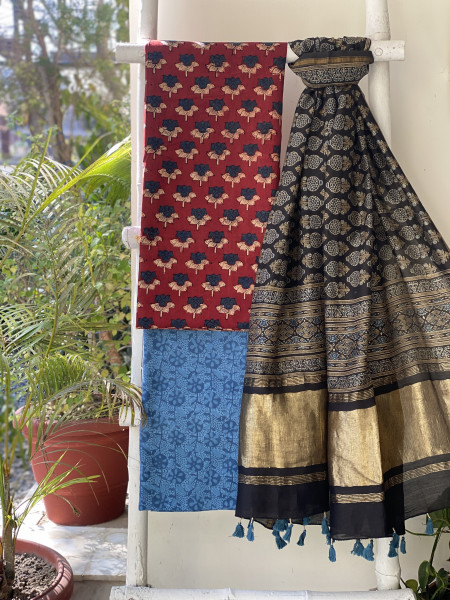 MAROON-BLACK COTTON CHANDERI DUPATTA SET
