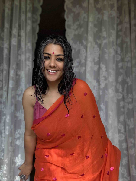 ORANGE COTTON MULMUL EMBROIDERED SARI