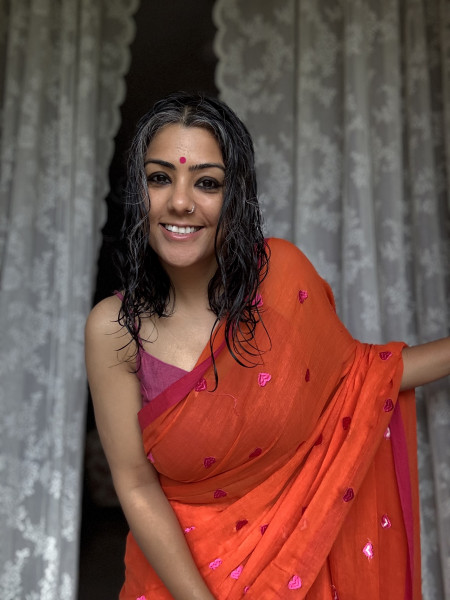 ORANGE COTTON MULMUL EMBROIDERED SARI