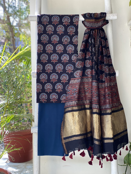 BLACK-INDIGO COTTON CHANDERI DUPATTA SET