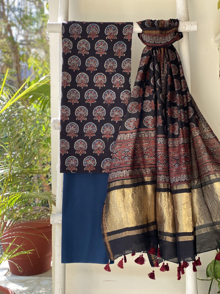 BLACK-INDIGO COTTON CHANDERI DUPATTA SET