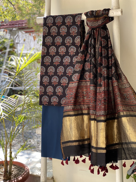 BLACK-INDIGO COTTON CHANDERI DUPATTA SET