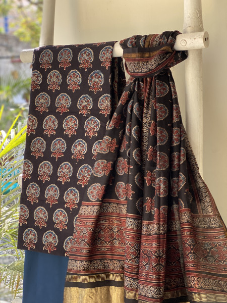 BLACK-INDIGO COTTON CHANDERI DUPATTA SET