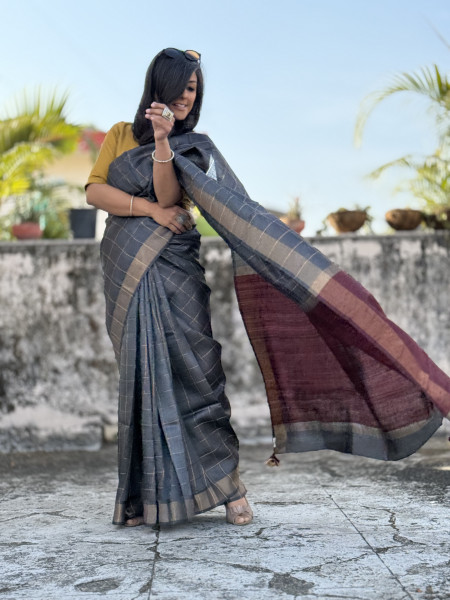 CHARCOAL-MAROON HAND WOVEN TUSSAR SILK SARI