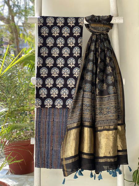 BLACK COTTON CHANDERI DUPATTA SET
