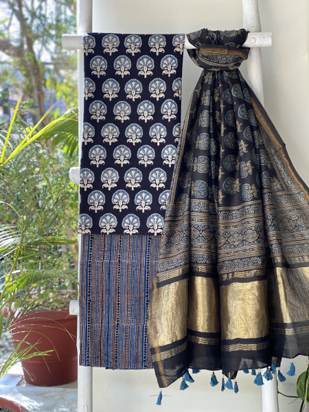 BLACK COTTON CHANDERI DUPATTA SET