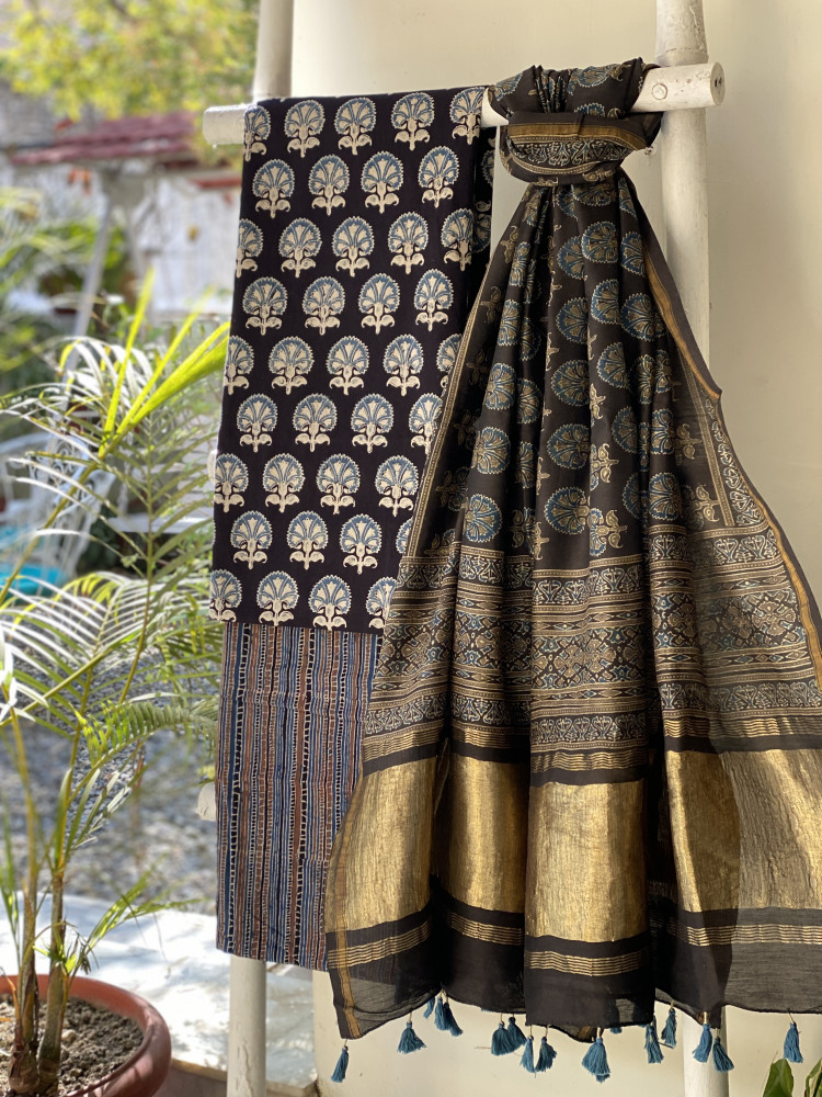 Image of BLACK COTTON CHANDERI DUPATTA SET