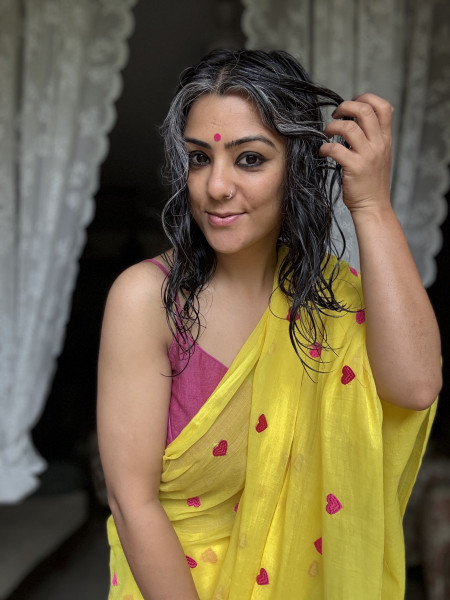 YELLOW COTTON MULMUL EMBROIDERED SARI