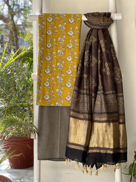 MUSTARD-BROWN COTTON CHANDERI DUPATTA SET