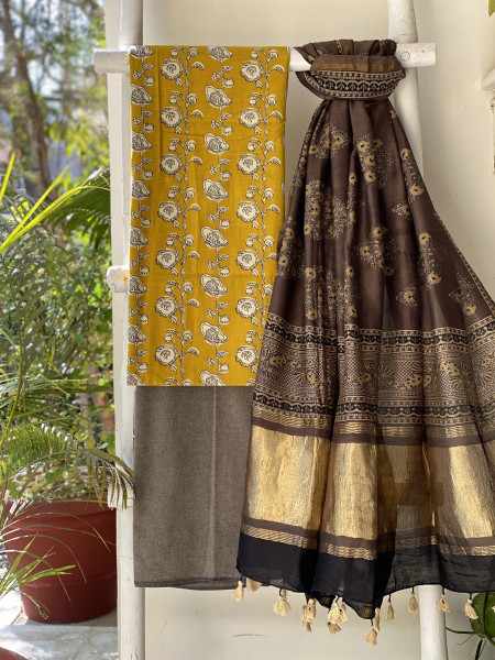 MUSTARD-BROWN COTTON CHANDERI DUPATTA SET