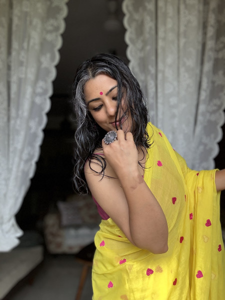 YELLOW COTTON MULMUL EMBROIDERED SARI