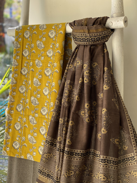 MUSTARD-BROWN COTTON CHANDERI DUPATTA SET
