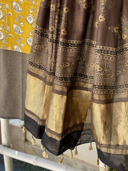 MUSTARD-BROWN COTTON CHANDERI DUPATTA SET