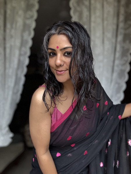 BLACK COTTON MULMUL EMBROIDERED SARI