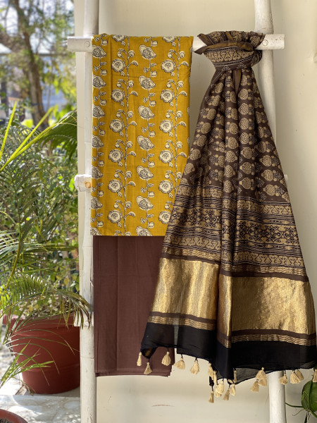 MUSTARD-BROWN COTTON CHANDERI DUPATTA SET
