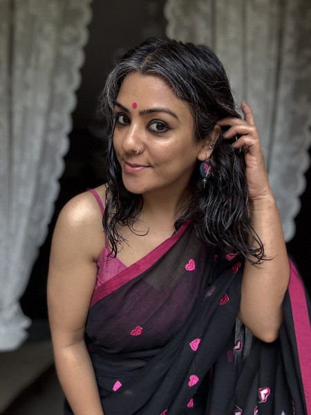 BLACK COTTON MULMUL EMBROIDERED SARI