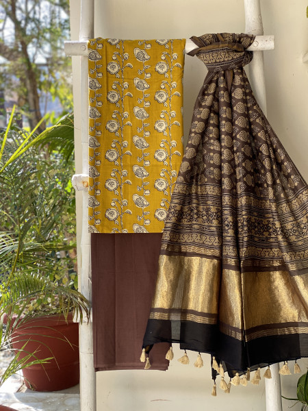 MUSTARD-BROWN COTTON CHANDERI DUPATTA SET