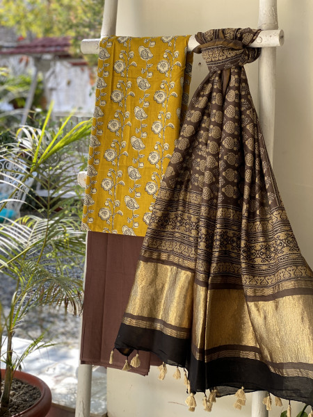 MUSTARD-BROWN COTTON CHANDERI DUPATTA SET