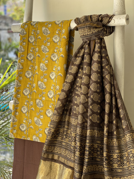 MUSTARD-BROWN COTTON CHANDERI DUPATTA SET