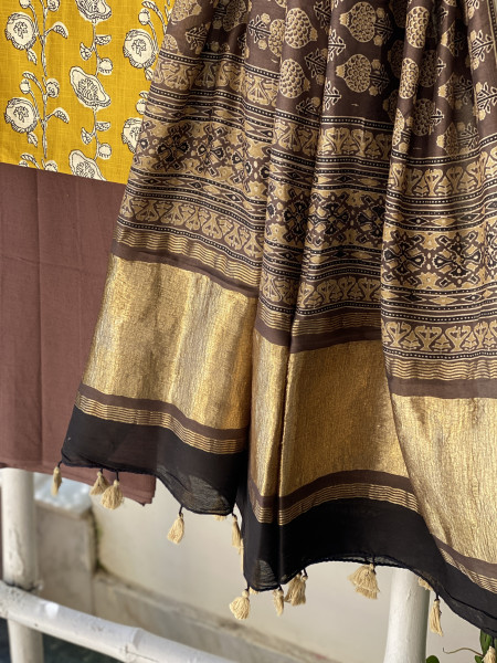 MUSTARD-BROWN COTTON CHANDERI DUPATTA SET