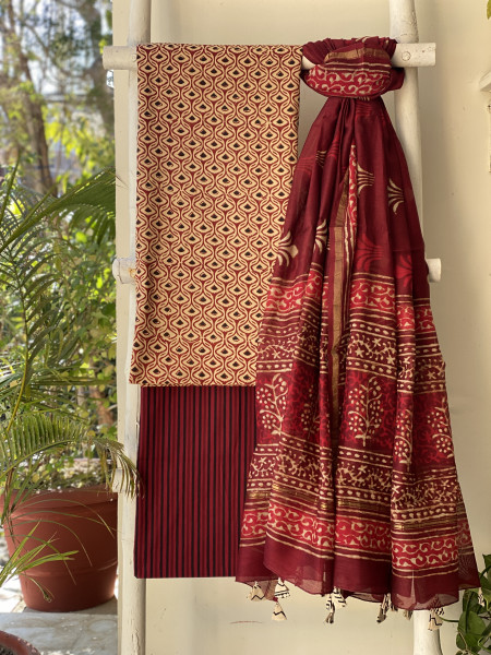 BEIGE-MAROON COTTON CHANDERI DUPATTA SET