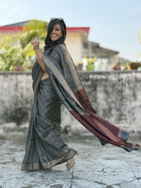 CHARCOAL-MAROON HAND WOVEN TUSSAR SILK SARI