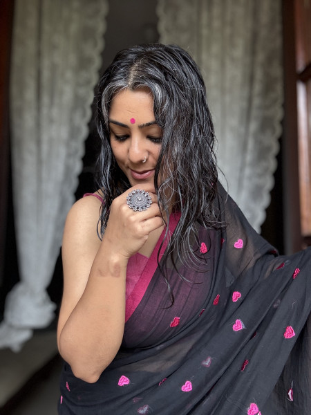 BLACK COTTON MULMUL EMBROIDERED SARI