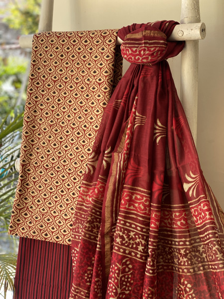 BEIGE-MAROON COTTON CHANDERI DUPATTA SET
