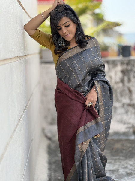 CHARCOAL-MAROON HAND WOVEN TUSSAR SILK SARI