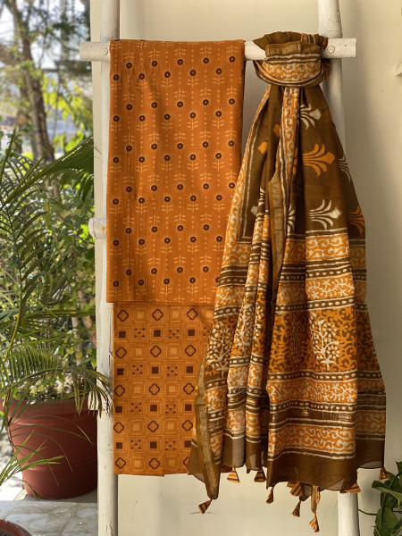 MUSTARD-BROWN COTTON CHANDERI DUPATTA SET