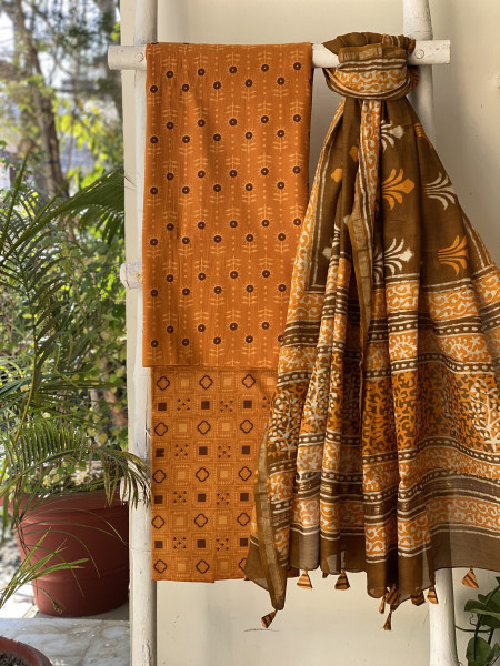 MUSTARD-BROWN COTTON CHANDERI DUPATTA SET