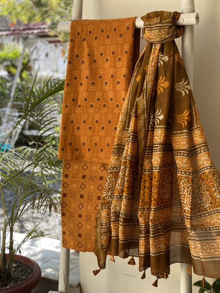 MUSTARD-BROWN COTTON CHANDERI DUPATTA SET