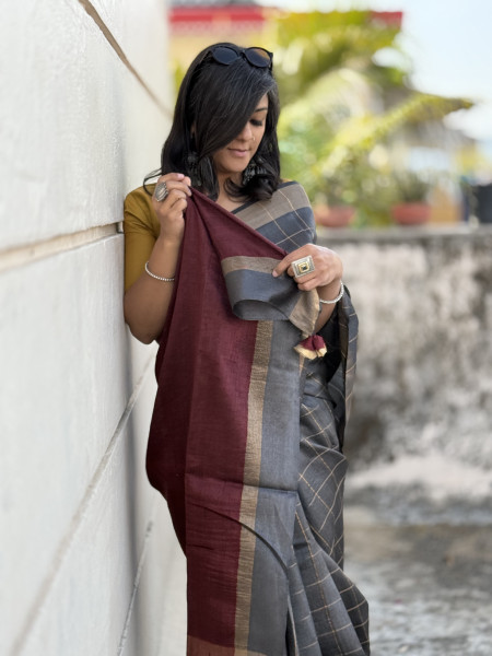CHARCOAL-MAROON HAND WOVEN TUSSAR SILK SARI