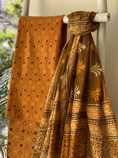 MUSTARD-BROWN COTTON CHANDERI DUPATTA SET