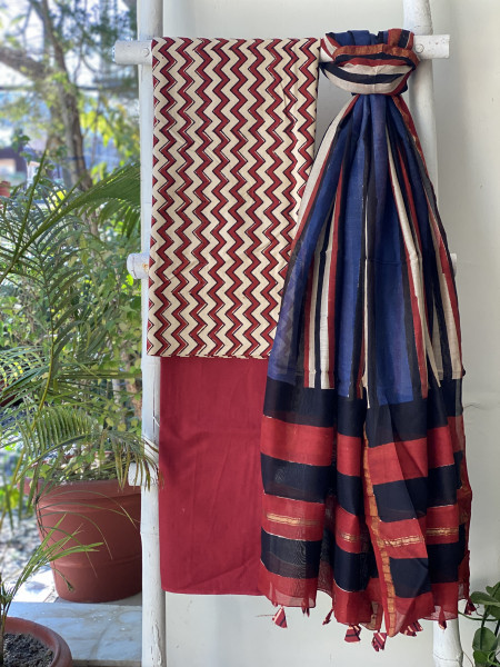 BEIGE-MAROON COTTON CHANDERI DUPATTA SET