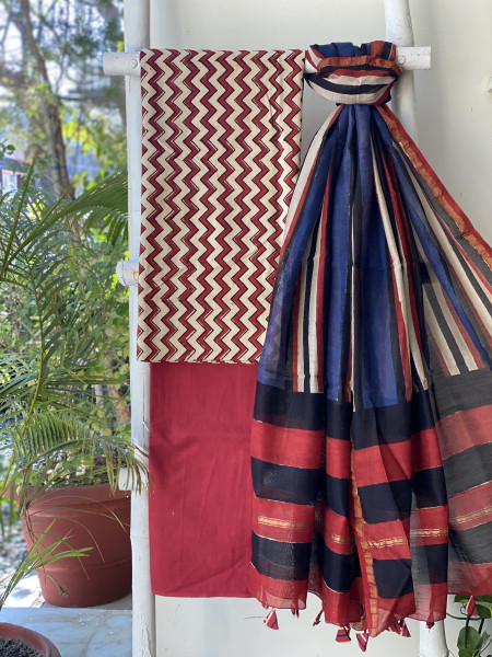 BEIGE-MAROON COTTON CHANDERI DUPATTA SET