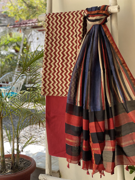 BEIGE-MAROON COTTON CHANDERI DUPATTA SET