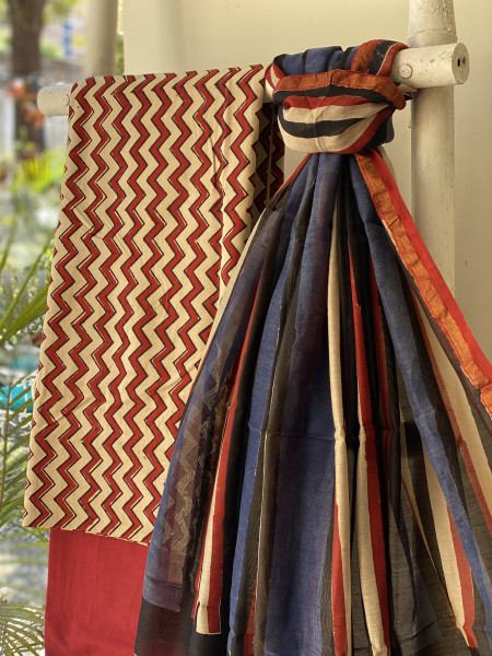 BEIGE-MAROON COTTON CHANDERI DUPATTA SET