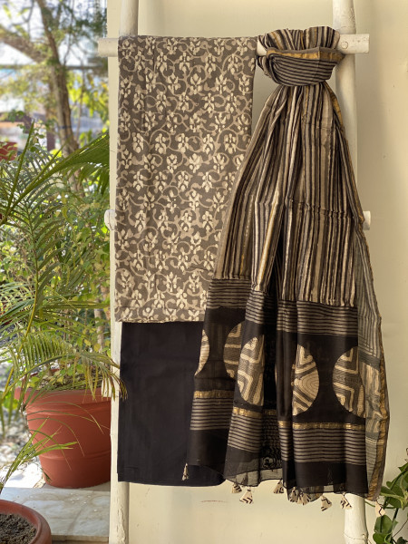 GREY-BLACK COTTON CHANDERI DUPATTA SET