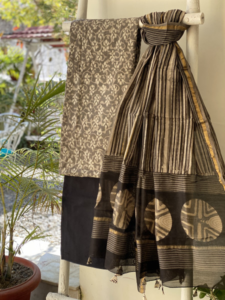GREY-BLACK COTTON CHANDERI DUPATTA SET