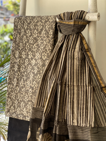 GREY-BLACK COTTON CHANDERI DUPATTA SET