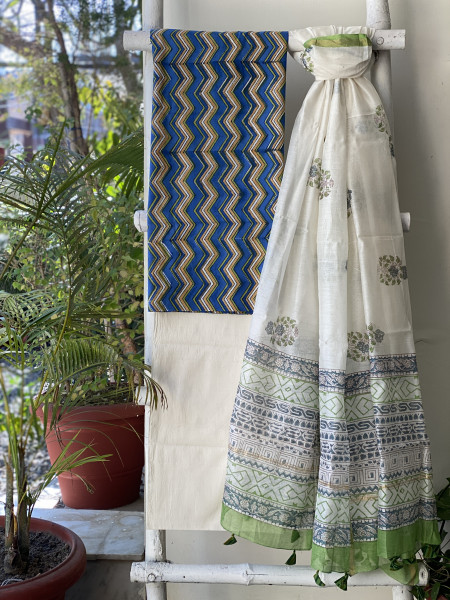 BLUE-OFF WHITE COTTON CHANDERI DUPATTA SET