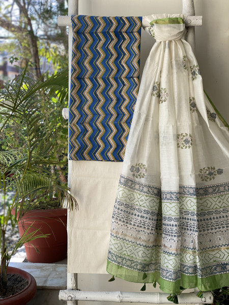 BLUE-OFF WHITE COTTON CHANDERI DUPATTA SET