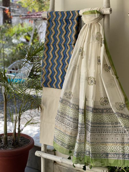 BLUE-OFF WHITE COTTON CHANDERI DUPATTA SET