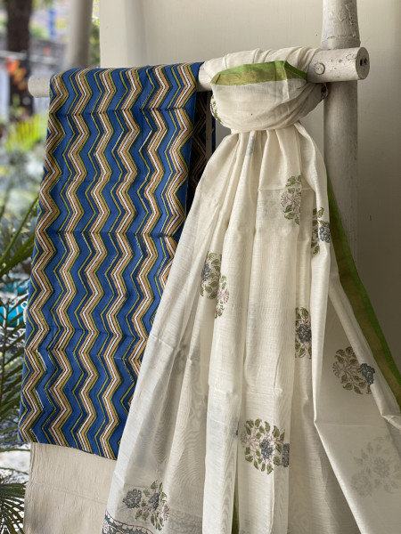 BLUE-OFF WHITE COTTON CHANDERI DUPATTA SET