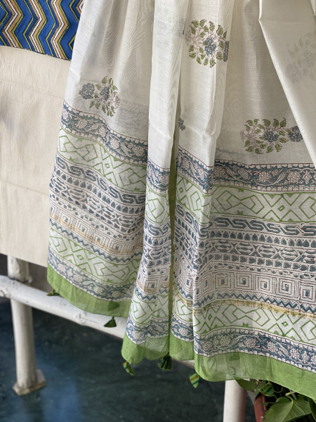 BLUE-OFF WHITE COTTON CHANDERI DUPATTA SET