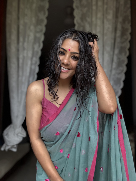 TEAL COTTON MULMUL EMBROIDERED SARI